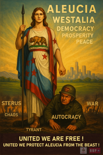1er phrase : “Unis, nous sommes libres !”<br>2ème phrase : “Unis, nous protégeons l’Aleucie de la bête !”<br>“Westalia contre le monstre Pandoro”, affiche de campagne de l’Alliance Asfortienne, publiée en mars 2017.<br>