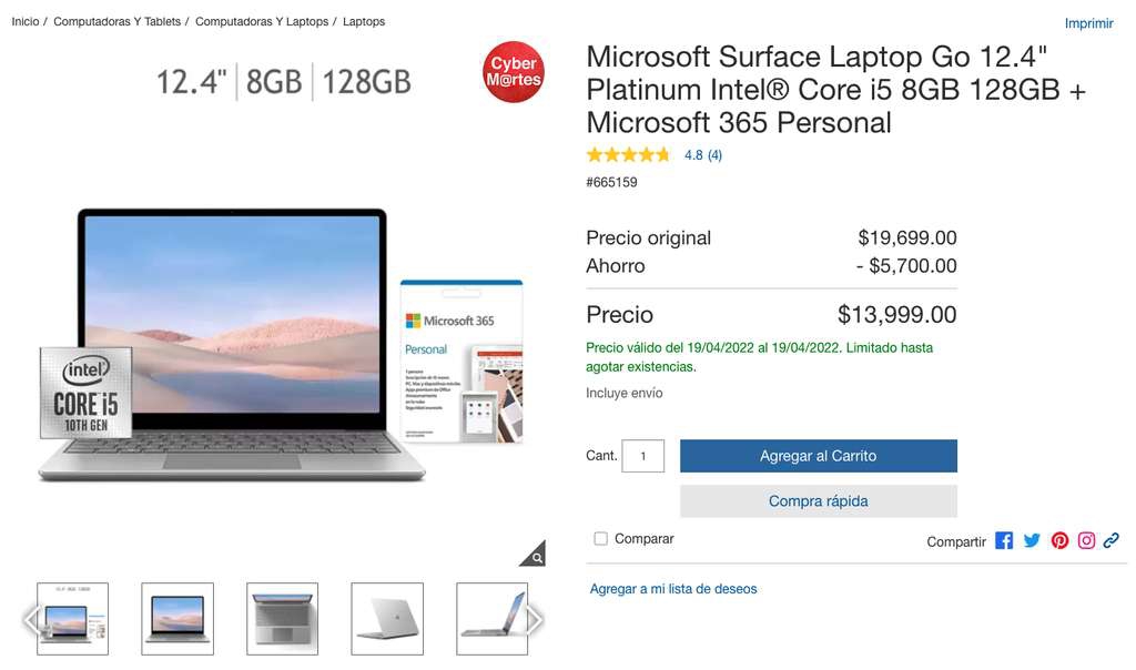 Costco: Microsoft Surface Laptop Go 12.4" Platinum Intel Core i5 8GB 128GB + Microsoft 365 Personal. a solo $13,999.00 