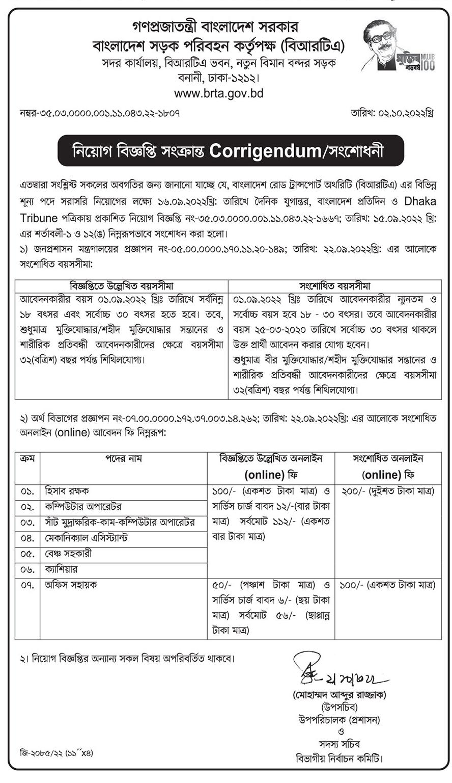 Job Circular Correction Notice