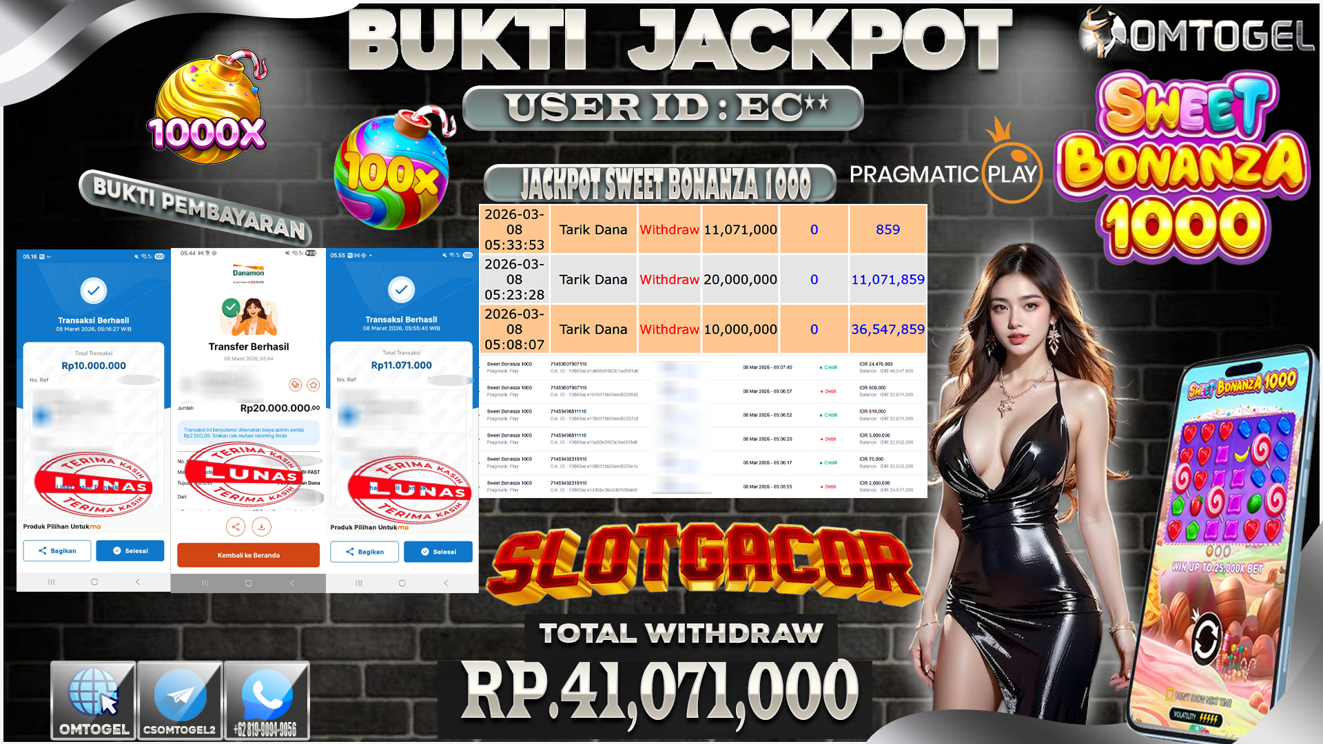 OMTOGEL JACKPOT PRAGMATIC PLAY SWEET BONANZA 1000, 41 JUTA DI BAYAR LUNAS ,-