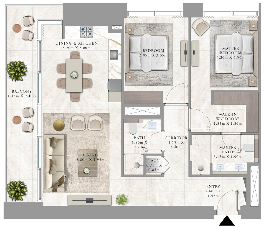 Detailed 2-bedroom apartment keyplan layout for Palace Residences Creek Blue Distress Deal showing unit configuration, room layout, balcony placement and internal apartment distribution in Dubai Creek Harbour