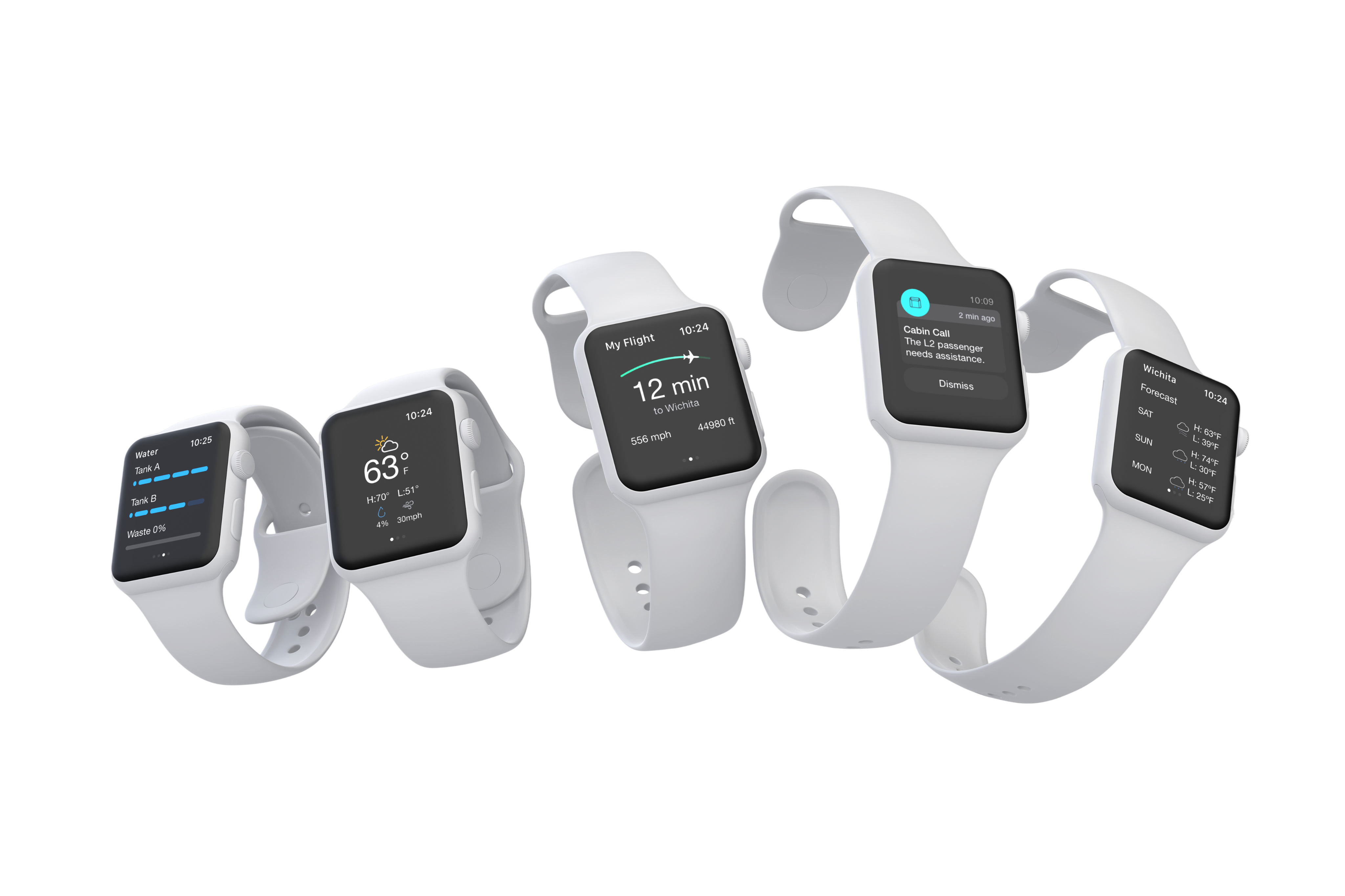 Apple Watch — My Cabin wearable companion showing flight status and attendant controls