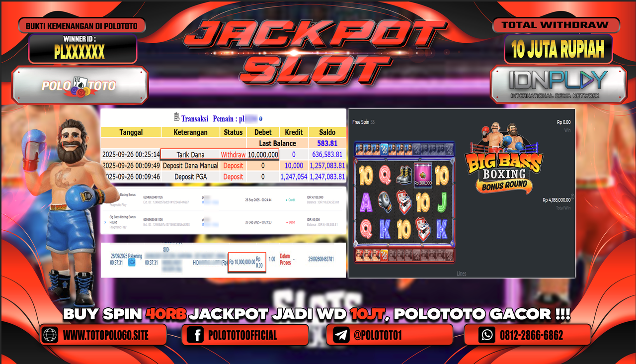 POLOTOTO JACKPOT SLOT BIG BASS BOXING BONUS ROUND Rp.10.000.000,- LUNAS