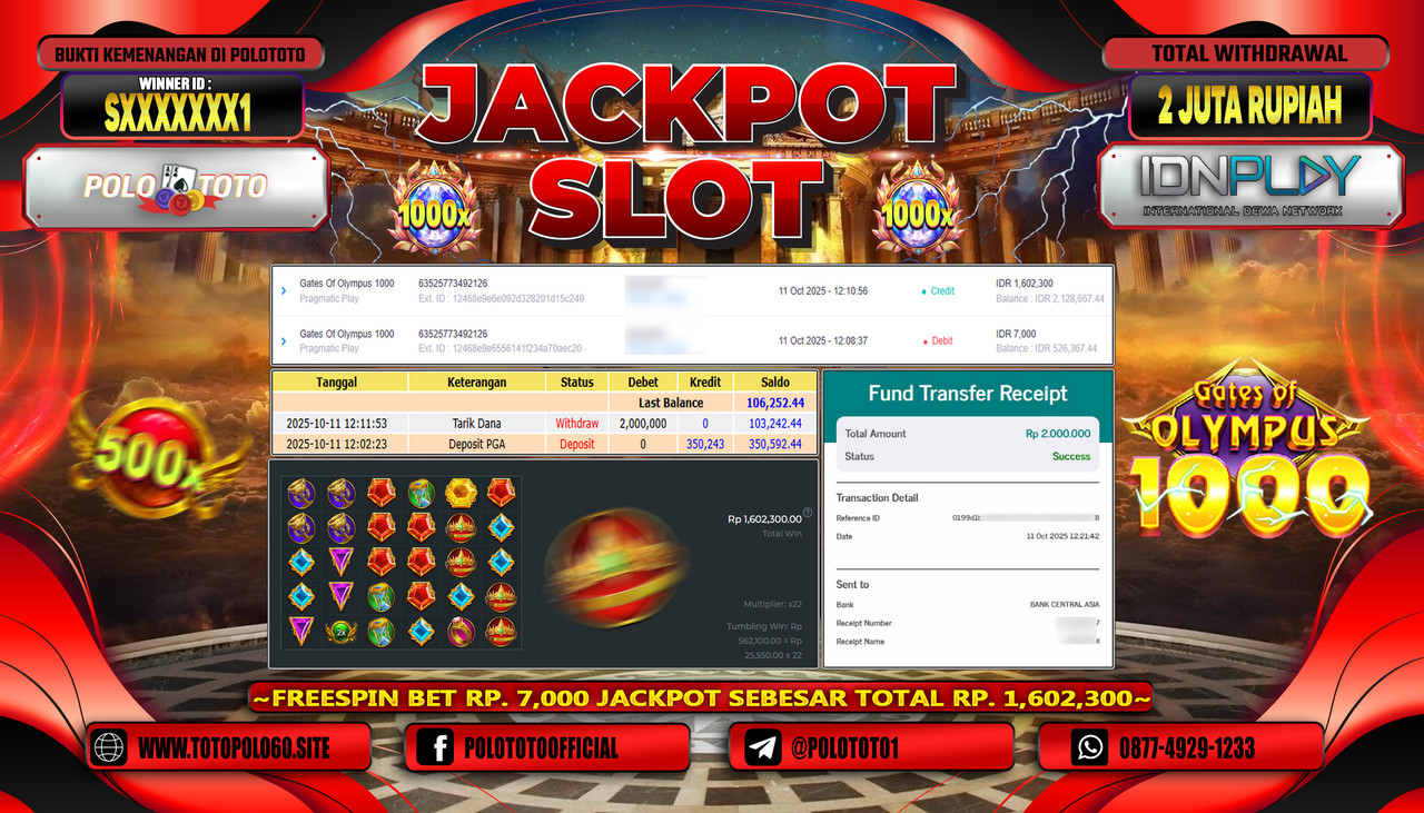 POLOTOTO JACKPOT SLOT GATES OF OLYMPUS 1000 Rp.2.000.000,- LUNAS