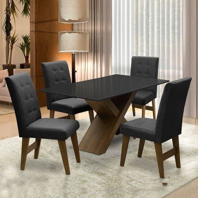 Conjunto De Mesa Para Sala de Jantar Preto Dubai 1,35m MDF com 4 Cadeiras Castanho / Preto