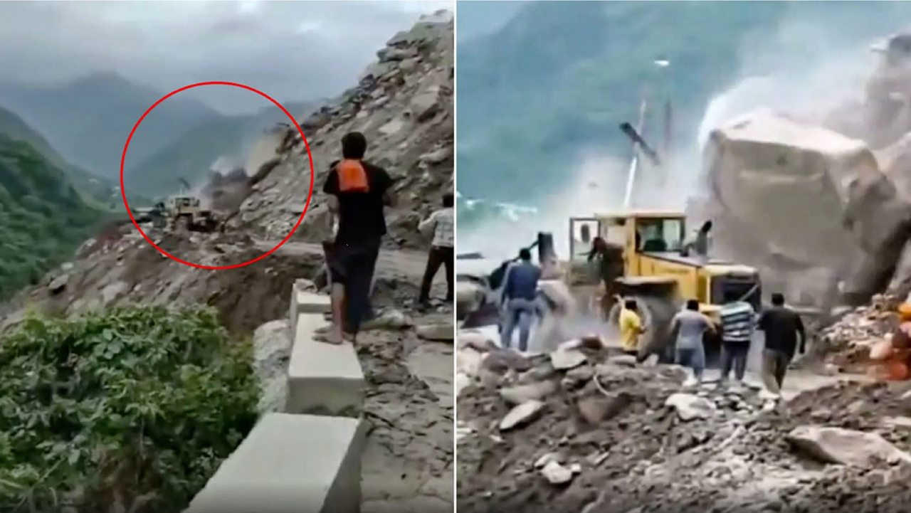 Trabajadores en India estuvieron a punto de morir aplastados por una roca: video