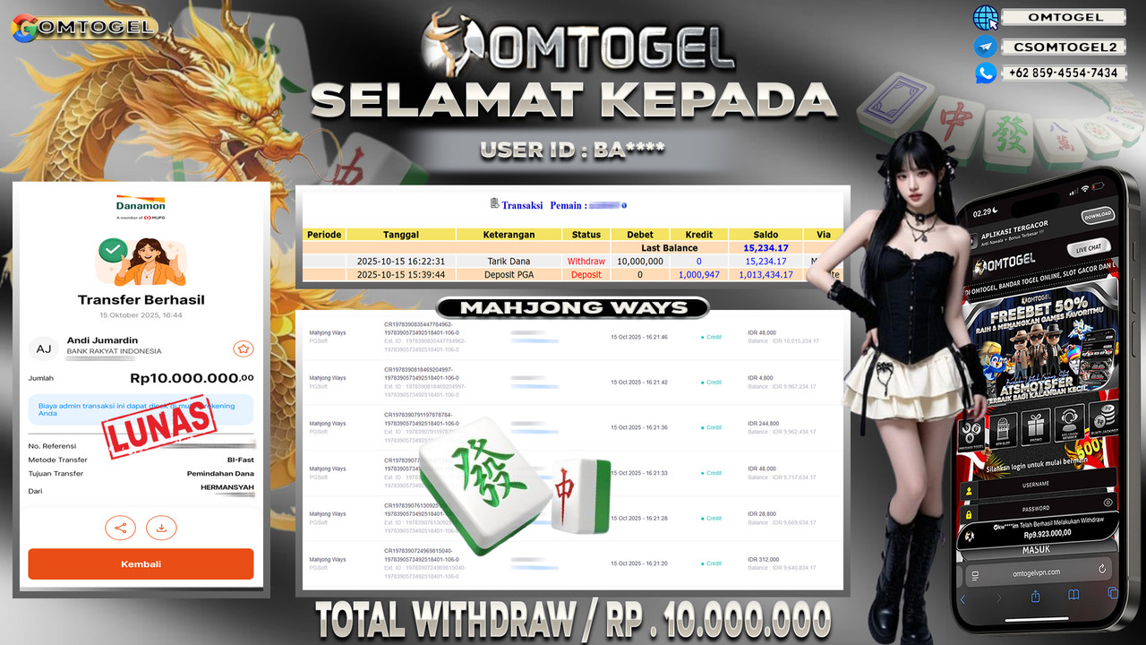 OMTOGEL JACKPOT PGSOFT MAHJONG WAYS 10 JUTA DI BAYAR LUNAS ,-