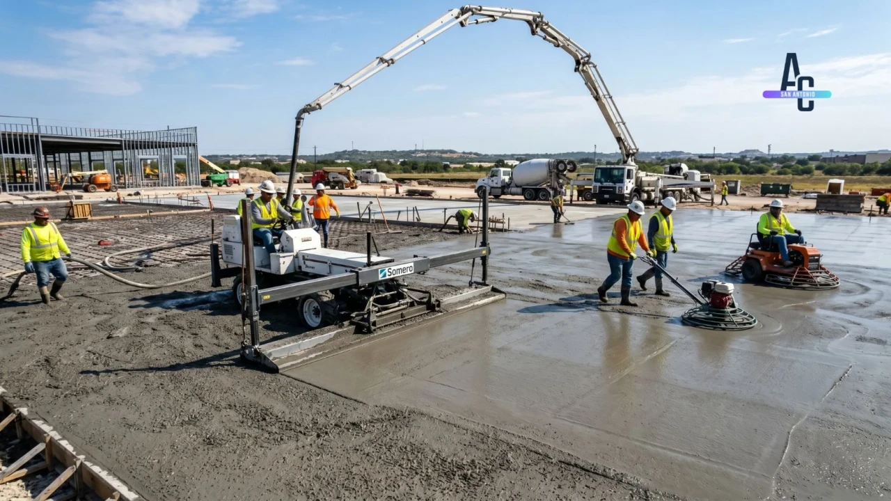 Commercial concrete crew and equipment pouring a slab on schedule in San Antonio