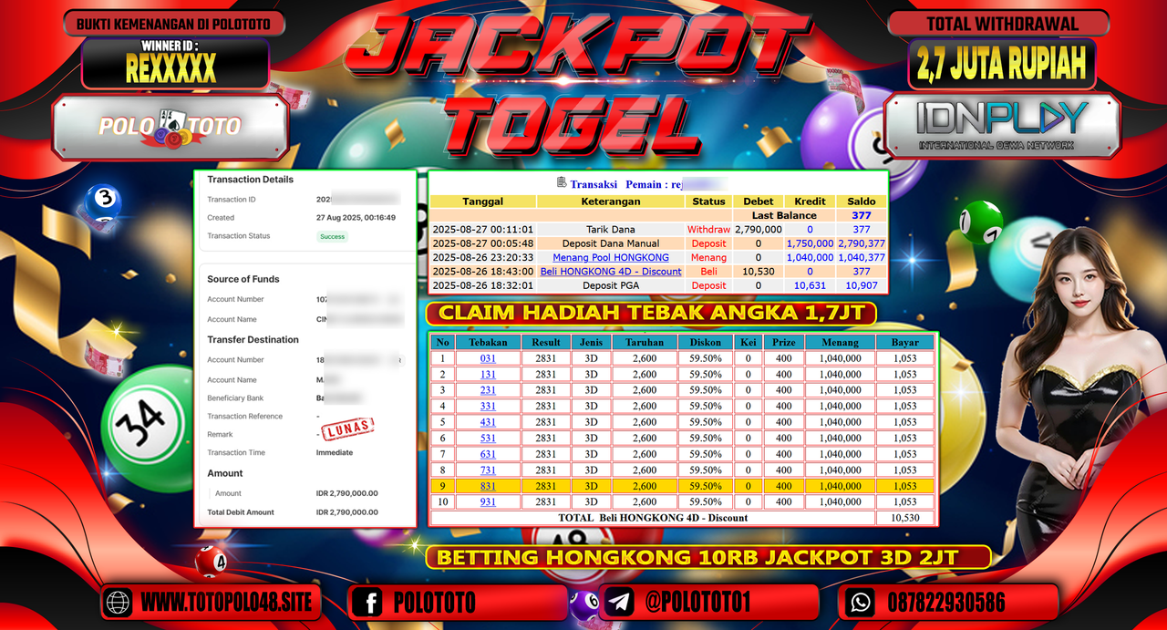 POLOTOTO JACKPOT TOGEL HONGKONG LOTTO Rp.2.790.000,-