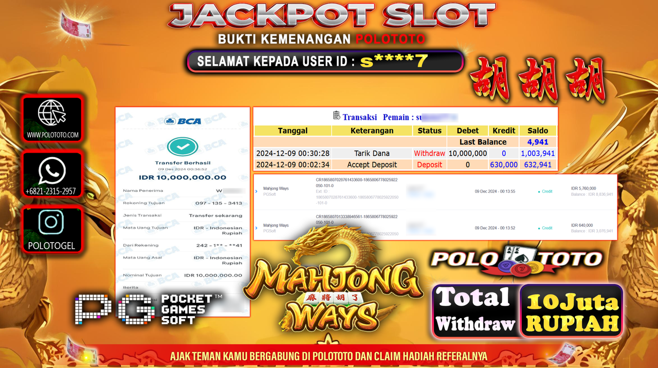 POLOTOTO JACKPOT SLOT MAHJONG WAYS Rp.10,000.000,-