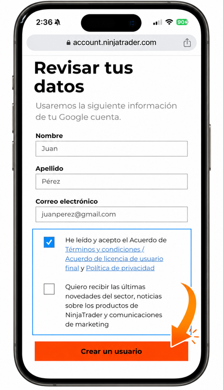 Revisa tus datos, acepta los términos y presiona Crear un usuario