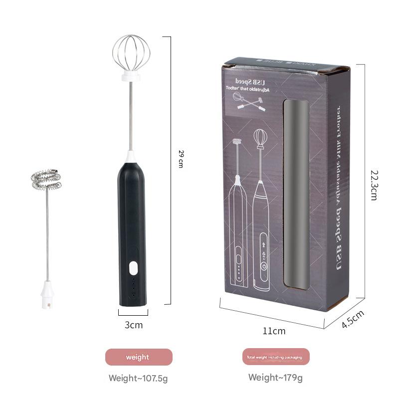Black Mini Hand Mixer with Frother & Balloon Whisk Heads - Rechargeable