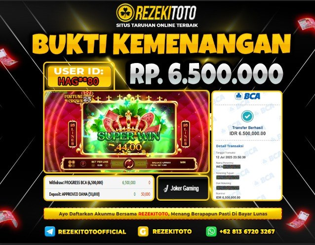 BUKTI KEMENANGAN 13 JULI 2025 FORTUNE CROWN 25 6 JUTA 