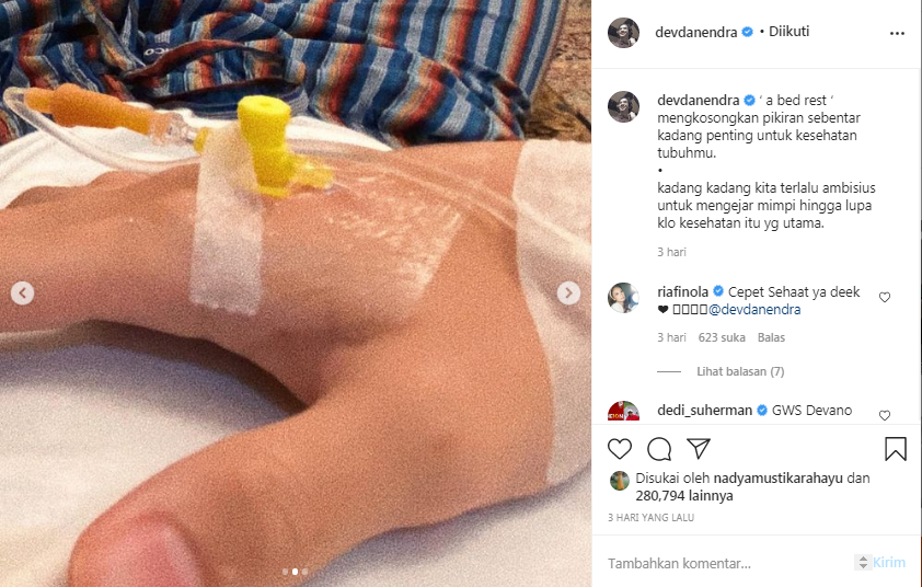 Devano Danendra unggah potret tangan diinfus