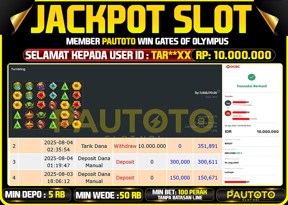 BUKTI PEMBAYARAN TGL 3 AGUSTUS2025 MENANG DI PERMAINAN GATES OF OLYMPUS TOTAL WD 10 JUTA