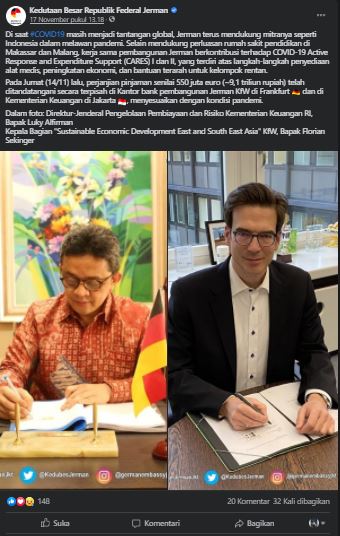 Pemerintah Jerman lewat Kedutaan Besar Republik Federal Jerman mengumumkan penandatanganan kesepakatan utang senilai 550 juta Euro. Pemerintah Indonesia pun resmi mengikat pinjaman bilateral yang besarannya setara dengan Rp 9,1 triliun.