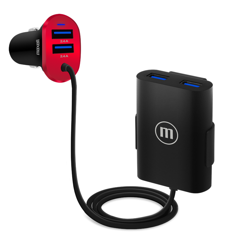 Cargador de carro Maxell de 4 puertos cargando múltiples dispositivos.