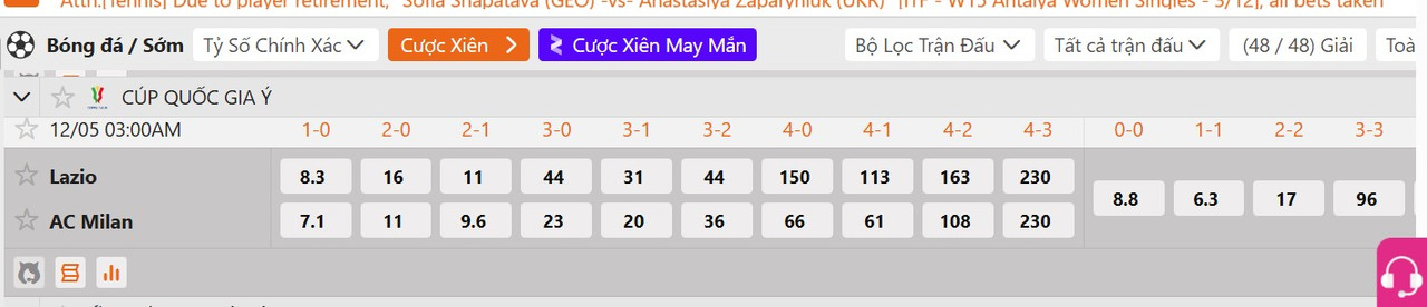 Tỷ lệ tỷ số chính xác SS Lazio vs AC Milan