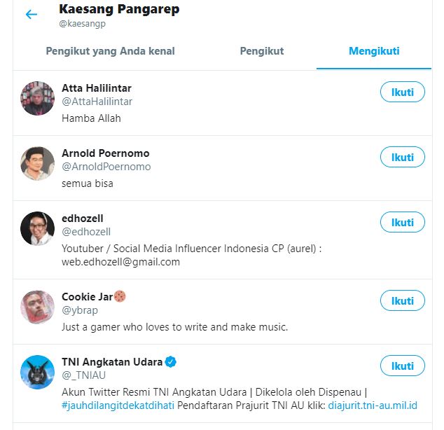 Akun twitter Kaesang Pangarep mengikuti akun twitter Atta Halilintar