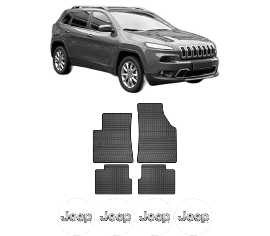 Set covorase presuri JEEP CHEROKEE (KL) din 2013-2018, auto, din cauciuc thermoplastic, 4 Stickere auto cu JEEP
