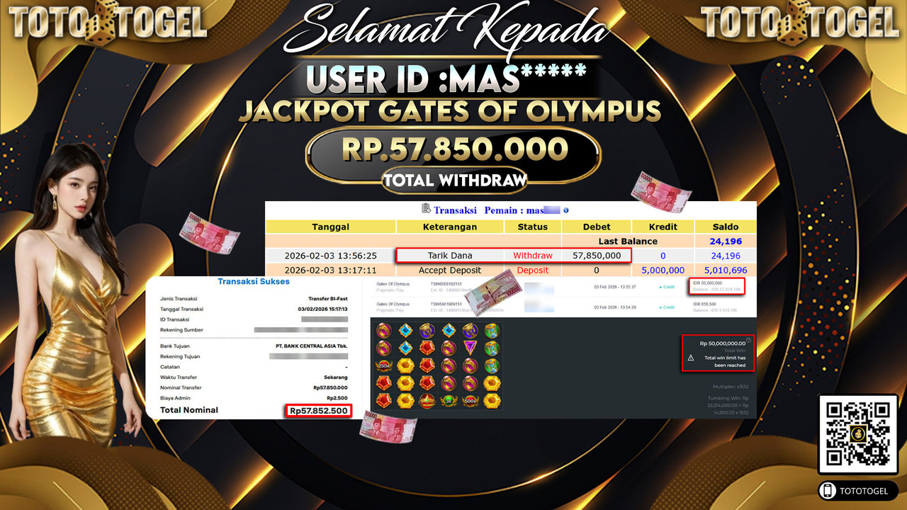 Bukti Pembayaran Jackpot Permainan Slot Gates Of Olympus ID:MAS*****LUNAS