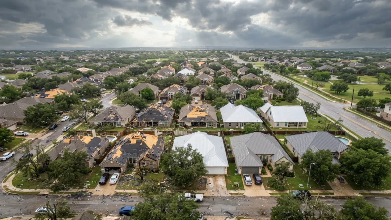 Aerial view of San Antonio residential neighborhood showing metal roofs versus asphalt shingle roofs after a wind storm