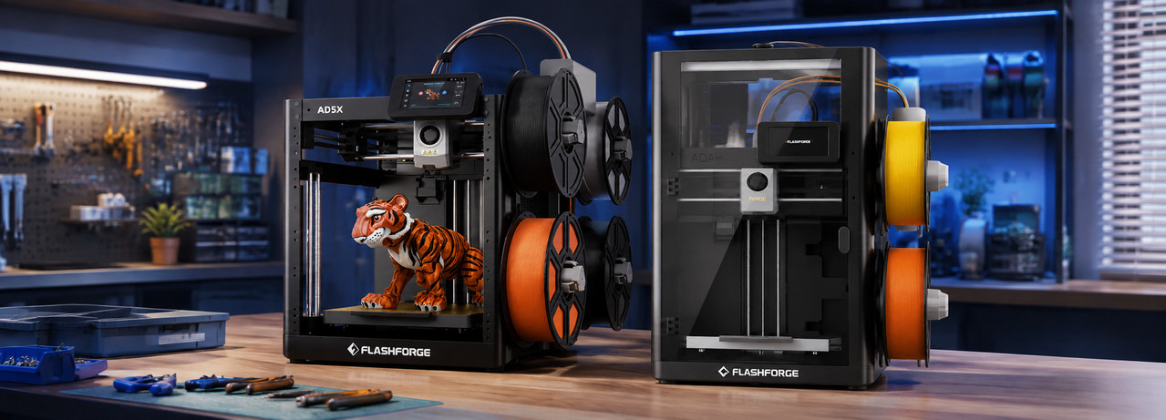 Impressora 3D Flashforge AD5X equipada com o kit de fechamento e sistema IFS multicolorido