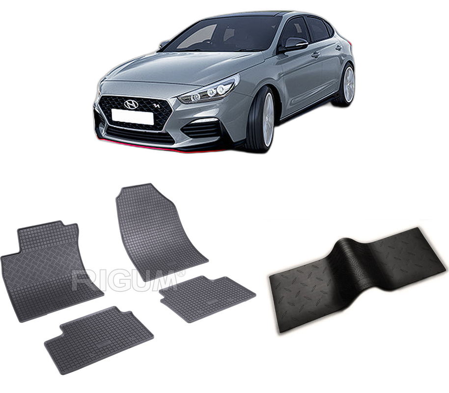 Set covorase auto HYUNDAI I30 III din 02.2017-PREZENT, cu covoras tunel median, CAROSERIE COUPE, Presuri cauciuc 100%, compatibil cu autoturismul HYUNDAI I30 III, Rigum