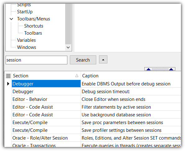 TOAD options - search