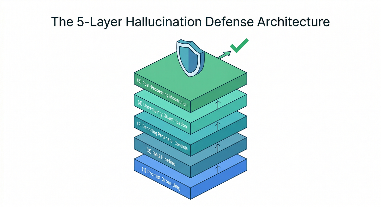 5-layer LLM hallucination defense architecture stack diagram