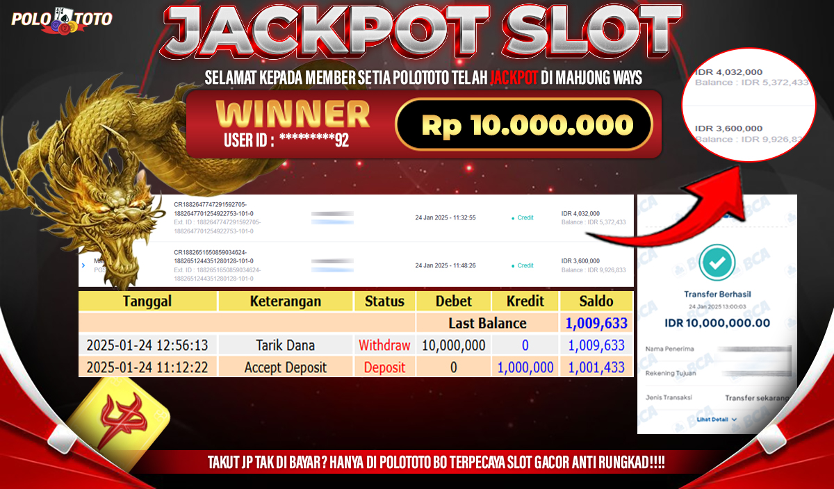 POLOTOTO JACKPOT SLOT MAHJONG WAYS Rp.10,000.000,- 