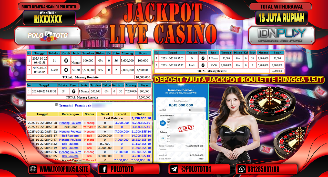 POLOTOTO JACKPOT LIVE CASINO MENANG ROULETTE Rp.15.000.000,- LUNAS