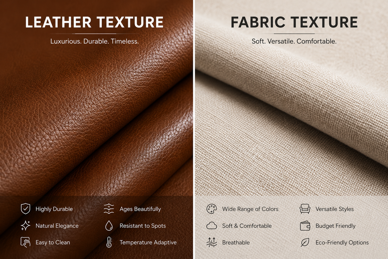Leather Sofa and Fabric Sofa Side by Side