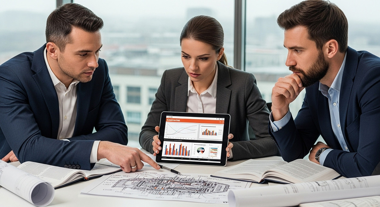 Инженеры обсуждают техническую документацию по двигателям Cummins в офисе