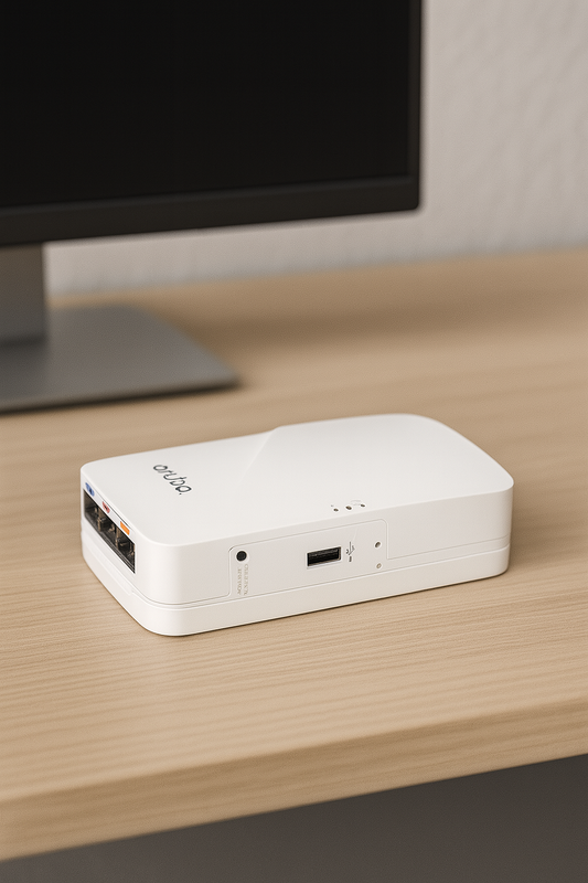Vista frontal do Aruba AP-303H (RW) Unified AP, com design discreto para montagem em parede.