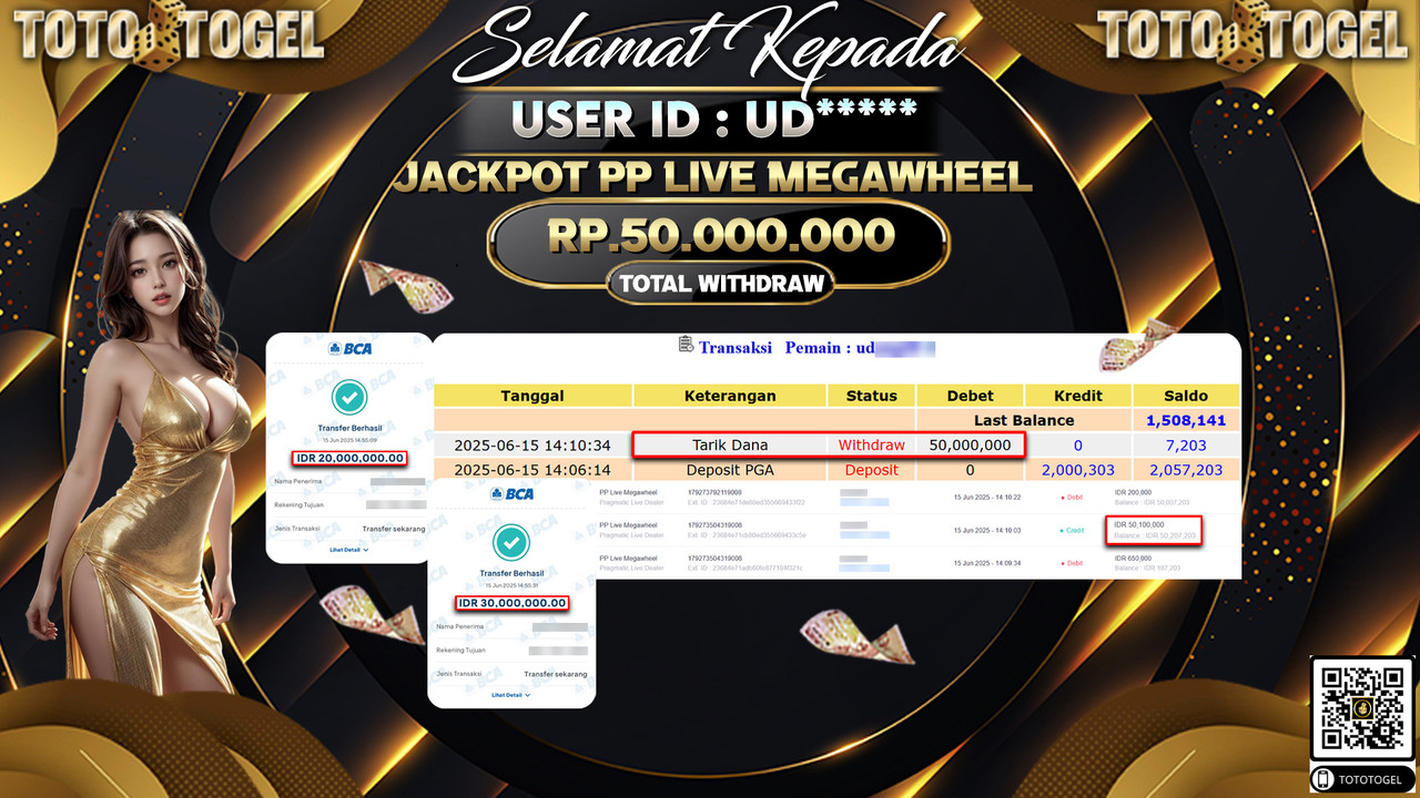 Bukti Pembayaran Jackpot Permainan Live Game PP Live Megawheel ID:UD***** LUNAS
