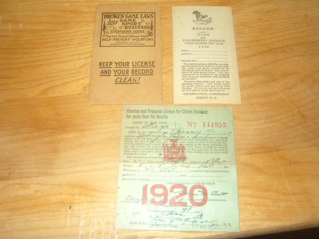 NYS Fishing license button w/paper plus more.