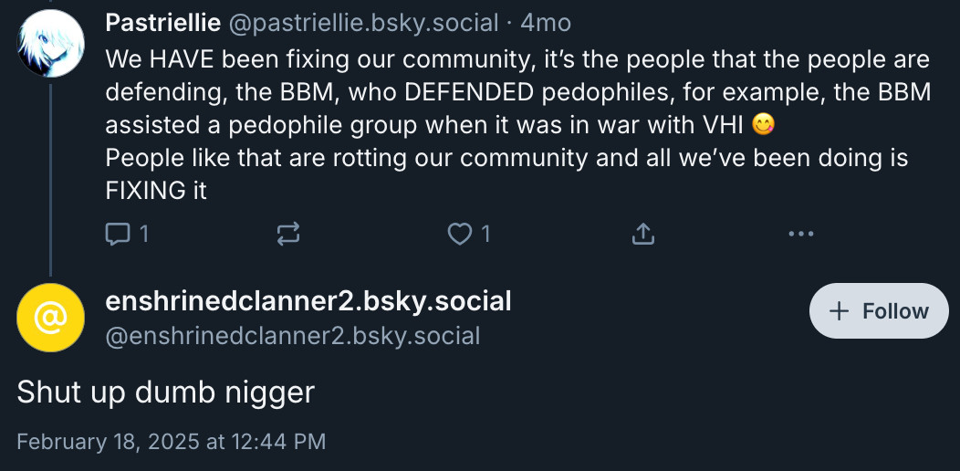 User enshrinedclanner2 replying to someone with shut up n****r