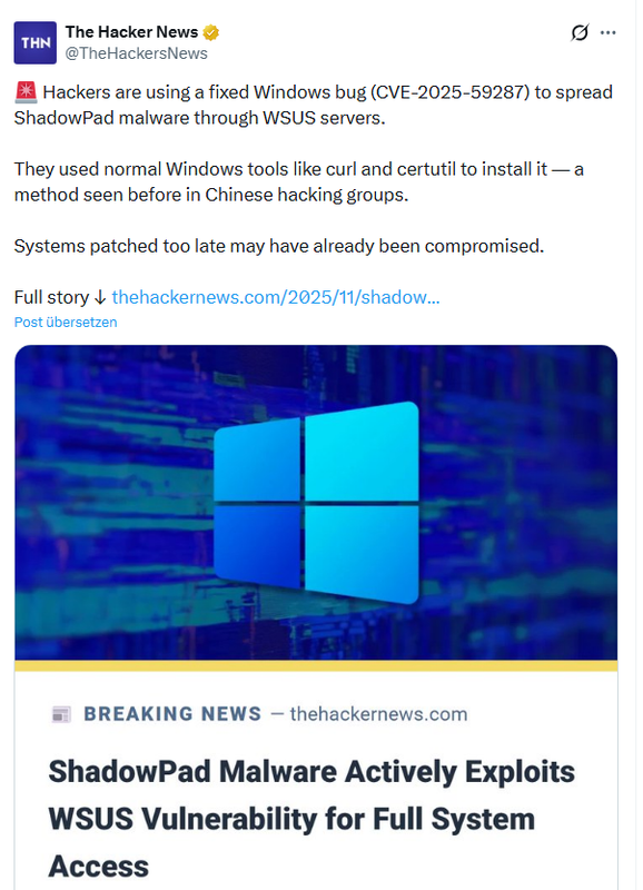 WSUS-Schwachstelle für ShadowPad-Malware-Verteilung ausgenutzt