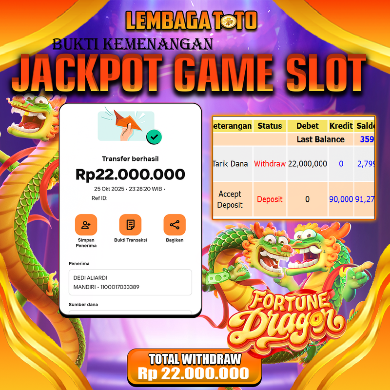 BUKTI JACKPOT 26 OCTOBER LEMBAGATOTO FORTUNE DRAGON Rp.22.000.000,- LUNAS