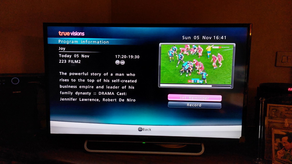 EPG synopsis for Joy: 'The powerful story of a man who rises to the top of his self-created business empire and leader of his family dynasty :: DRAMA Cast: Jennifer Lawrence, Robert De Niro'