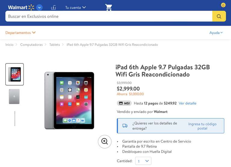 Walmart iPad 6th 32GB Reacondicionado 
