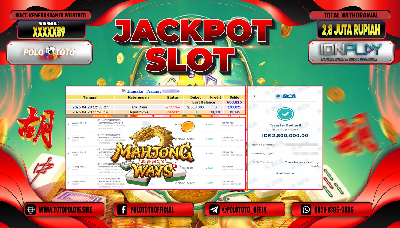 POLOTOTO JACKPOT SLOT MAHJONG WAYS 2 Rp.2.800.000,- 