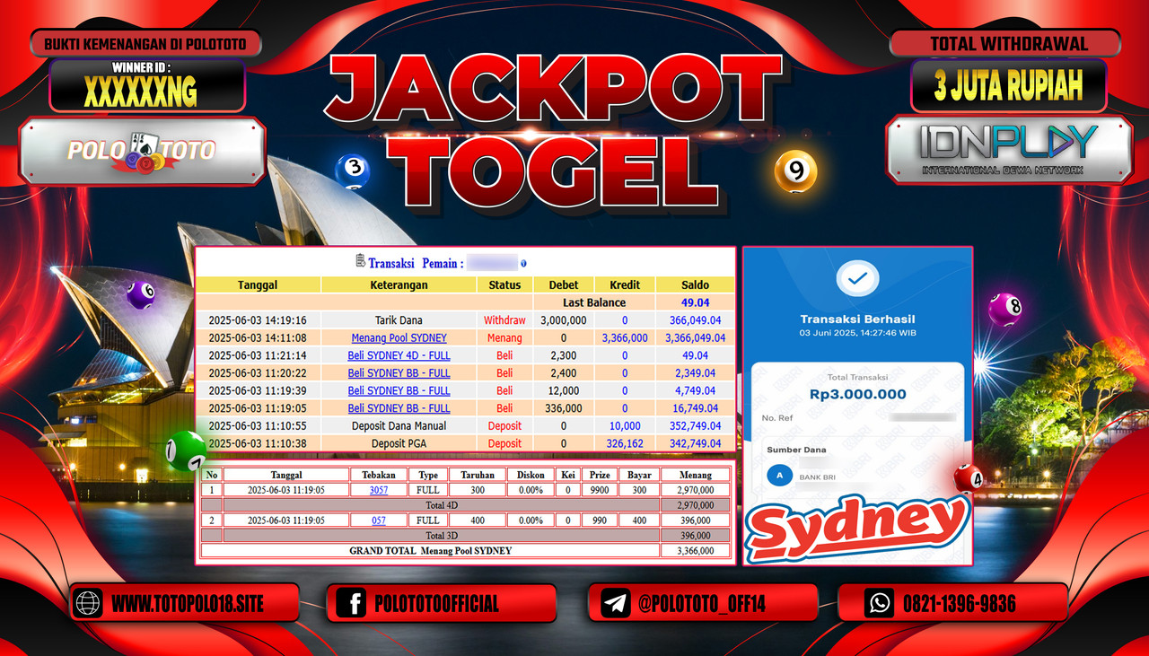 POLOTOTO JACKPOT TOGEL SYDNEY LOTTO Rp.3.000.000,-