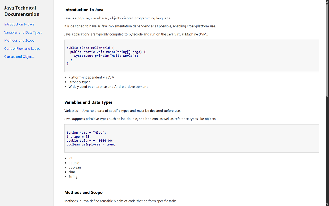 Technical Documentation Page screenshot