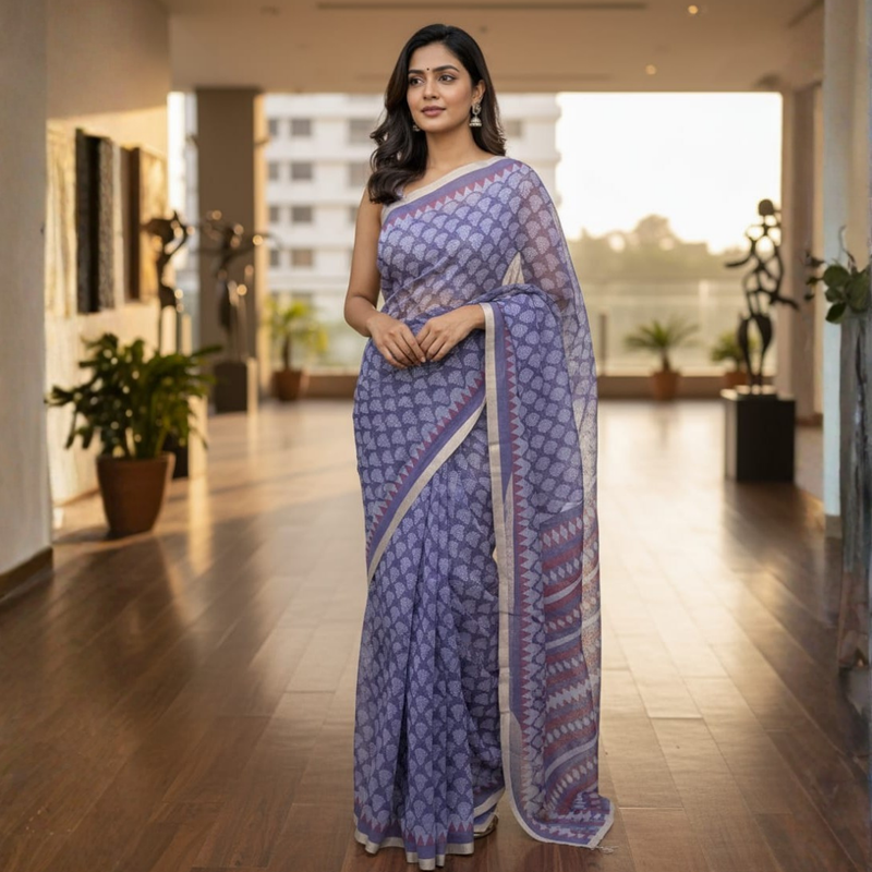 Handblock Printed Kota Doriya Saree | Sheer, Lightweight & Gracefully Textured Design - 7