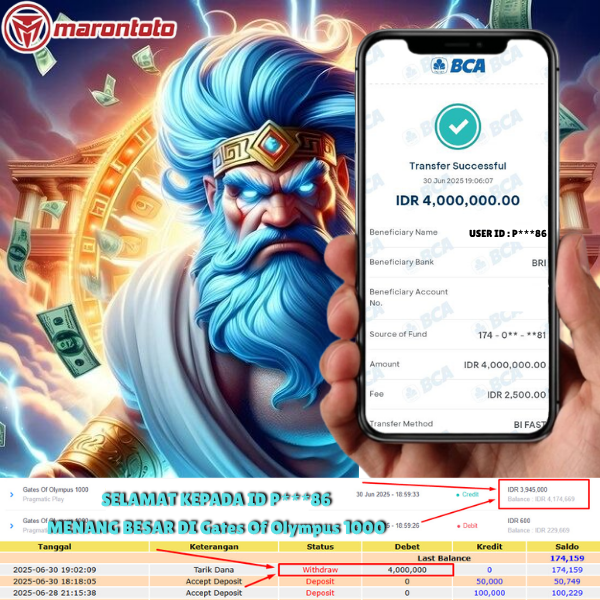 Bukti Kemenangan Member Marontoto Sebesar 4,000,000 JuTa