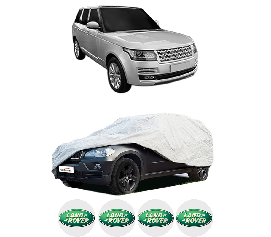 Husa tip prelata auto pentru LAND ROVER RANGE ROVER IV (L405) din 2012-2021, Culoare Gri, material textil impermeabil, rezistanta la intemperii praf UV, CARPASSION Husa Protectie, 4 Stickere auto cu LAND ROVER