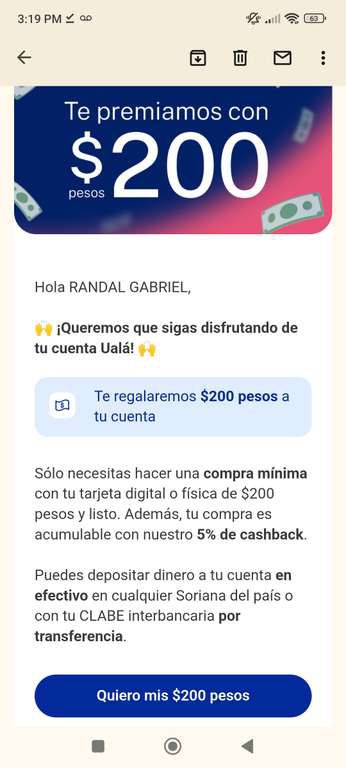 Tarjeta Uala: $200 pesos de regalo al comprar con tarjeta de débito física o digital 
