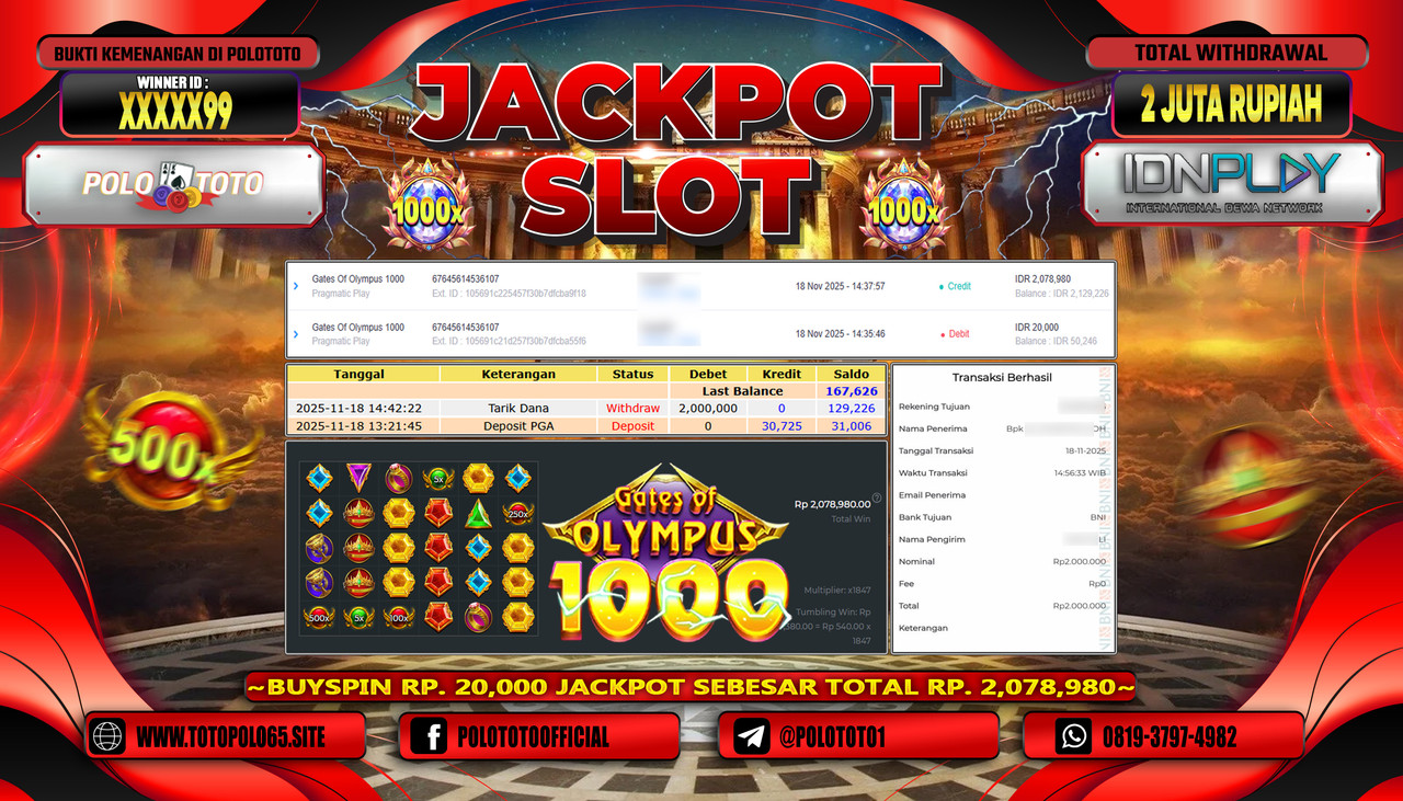 POLOTOTO JACKPOT SLOT GATES OF OLYMPUS 1000 Rp.2.000.000,- LUNAS